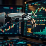 Zaawansowane ramię robota z precyzyjnym chwytakiem analitycznym unosi się nad kolorowymi wykresami giełdowymi i finansowymi na monitorach. Grafika ilustruje sztuczną inteligencję analizującą zdolność kredytową przedsiębiorcy.