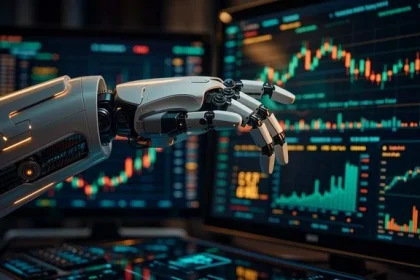 Zaawansowane ramię robota z precyzyjnym chwytakiem analitycznym unosi się nad kolorowymi wykresami giełdowymi i finansowymi na monitorach. Grafika ilustruje sztuczną inteligencję analizującą zdolność kredytową przedsiębiorcy.