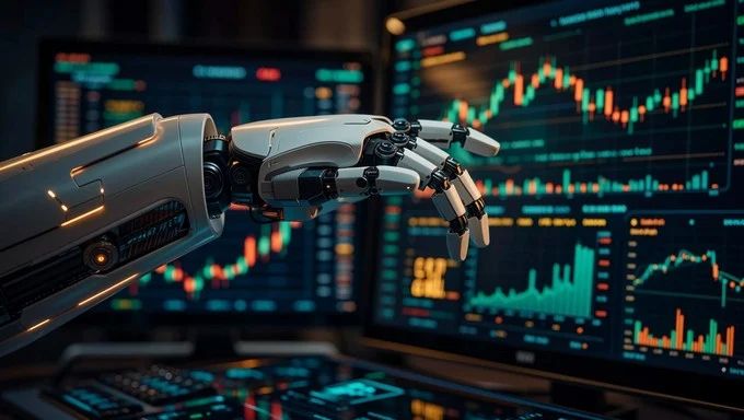 Zaawansowane ramię robota z precyzyjnym chwytakiem analitycznym unosi się nad kolorowymi wykresami giełdowymi i finansowymi na monitorach. Grafika ilustruje sztuczną inteligencję analizującą zdolność kredytową przedsiębiorcy.