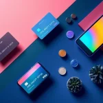 Minimalistyczna grafika na geometrycznym, różowo-błękitnym tle, pokazująca fizyczne karty płatnicze, smartfon, tokeny płatnicze, monety i sukulenty. Ilustracja nowoczesnego ekosystemu płatności i transformacji systemów bankowych w 2026 roku.