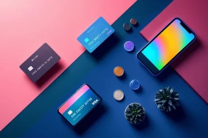 Minimalistyczna grafika na geometrycznym, różowo-błękitnym tle, pokazująca fizyczne karty płatnicze, smartfon, tokeny płatnicze, monety i sukulenty. Ilustracja nowoczesnego ekosystemu płatności i transformacji systemów bankowych w 2026 roku.