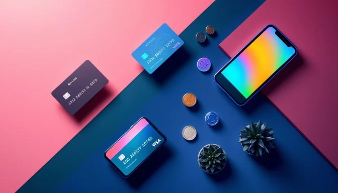 Minimalistyczna grafika na geometrycznym, różowo-błękitnym tle, pokazująca fizyczne karty płatnicze, smartfon, tokeny płatnicze, monety i sukulenty. Ilustracja nowoczesnego ekosystemu płatności i transformacji systemów bankowych w 2026 roku.