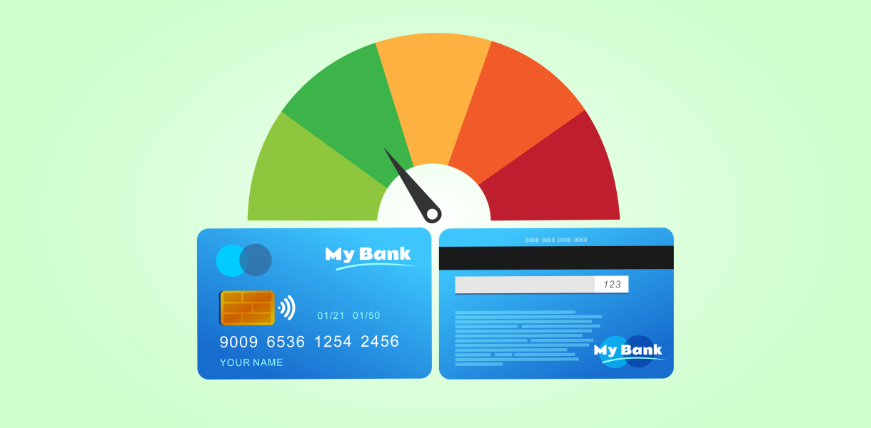 Grafika przedstawiająca licznik ratingu kredytowego ze wskaźnikiem na zielonym polu oraz awers i rewers karty płatniczej z logiem "My Bank". Ilustracja oceny wiarygodności finansowej przedsiębiorcy.