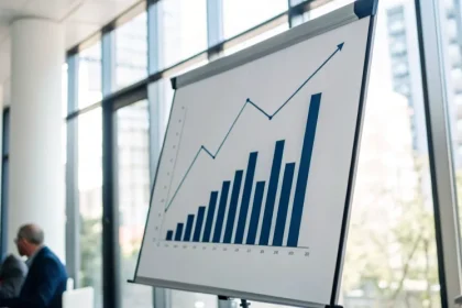 Biała tablica z rosnącym wykresem słupkowym i liniowym, symbolizująca planowanie finansowe i sukces w działalności sezonowej. W tle rozmyte biuro z dużymi oknami i postacie pracowników.