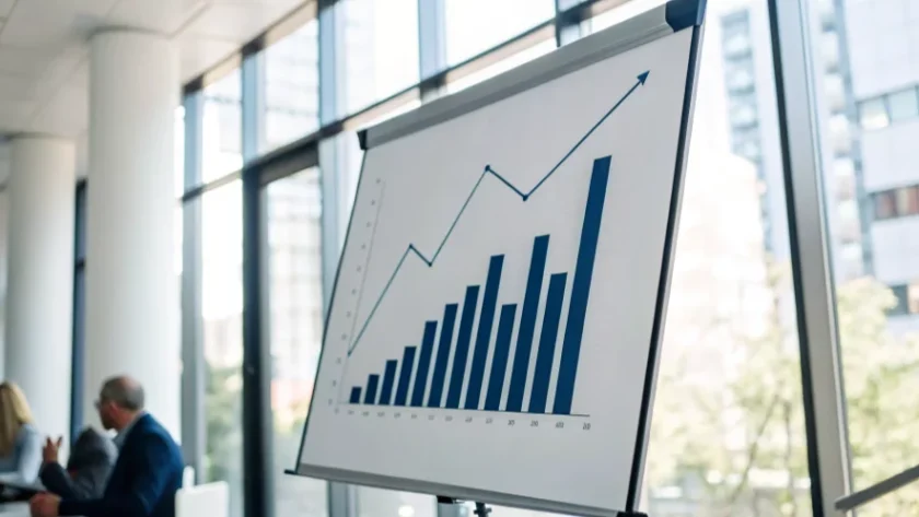 Biała tablica z rosnącym wykresem słupkowym i liniowym, symbolizująca planowanie finansowe i sukces w działalności sezonowej. W tle rozmyte biuro z dużymi oknami i postacie pracowników.