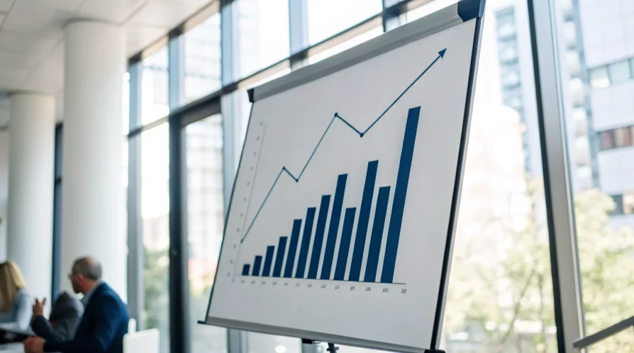 Biała tablica z rosnącym wykresem słupkowym i liniowym, symbolizująca planowanie finansowe i sukces w działalności sezonowej. W tle rozmyte biuro z dużymi oknami i postacie pracowników.